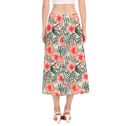 Exotic Tropical Hibiscus Pattern Print Side Slit Midi Skirt