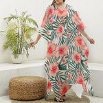 Exotic Tropical Hibiscus Pattern Print Silk V-Neck Kaftan Dress