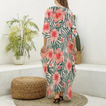 Exotic Tropical Hibiscus Pattern Print Silk V-Neck Kaftan Dress