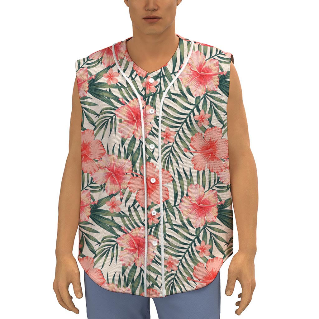 Exotic Tropical Hibiscus Pattern Print Sleeveless Baseball Jersey