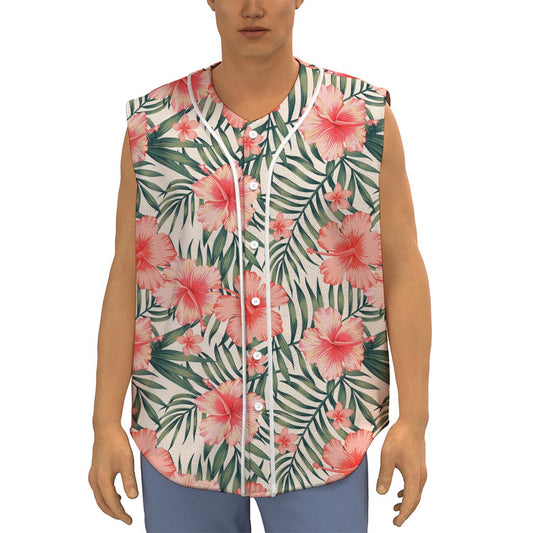 Exotic Tropical Hibiscus Pattern Print Sleeveless Baseball Jersey