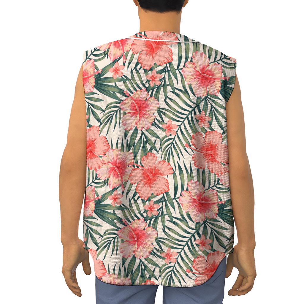 Exotic Tropical Hibiscus Pattern Print Sleeveless Baseball Jersey