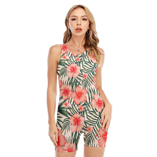 Exotic Tropical Hibiscus Pattern Print Sleeveless One Piece Swimsuit