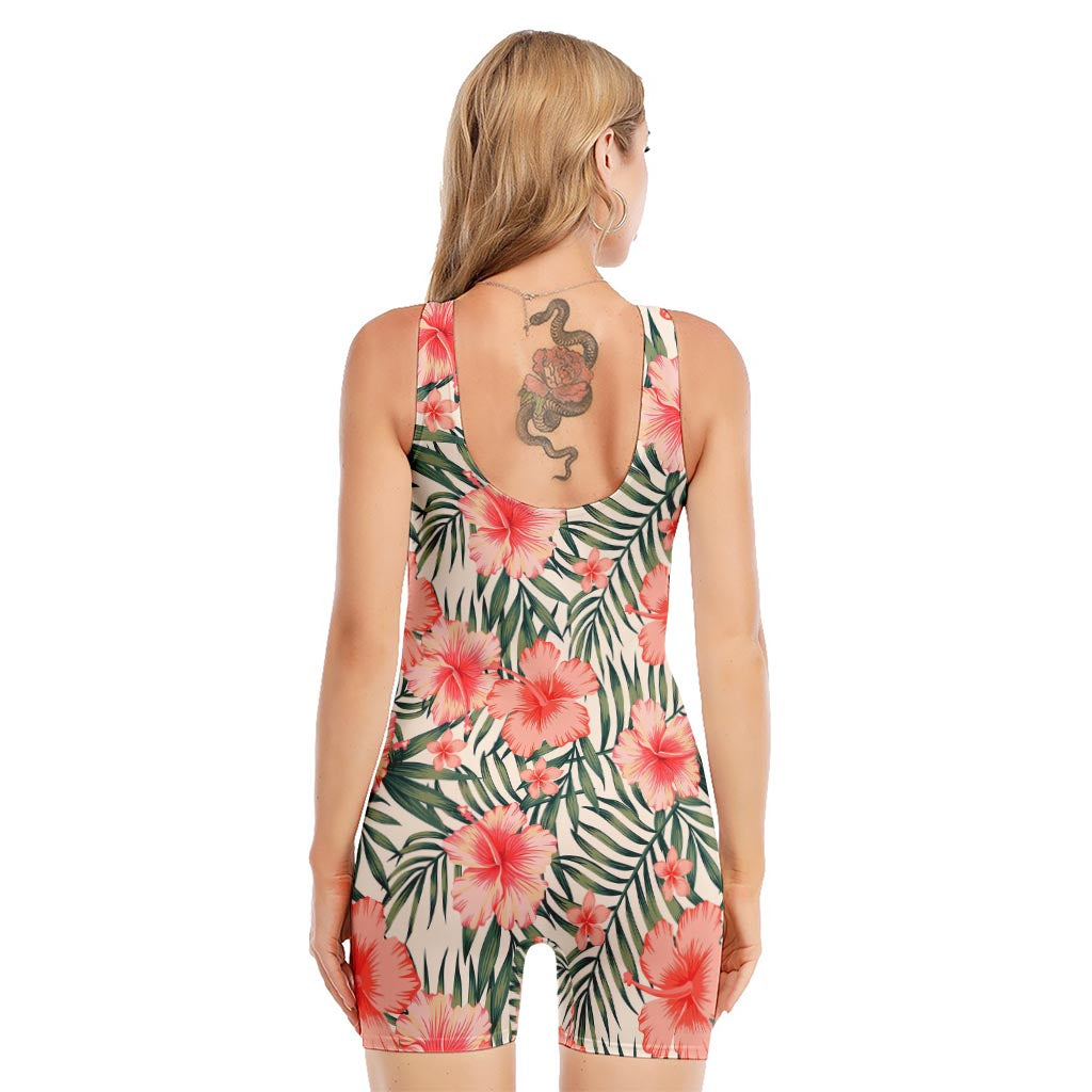 Exotic Tropical Hibiscus Pattern Print Sleeveless One Piece Swimsuit