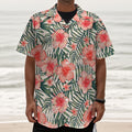 Exotic Tropical Hibiscus Pattern Print Textured Short Sleeve Shirt