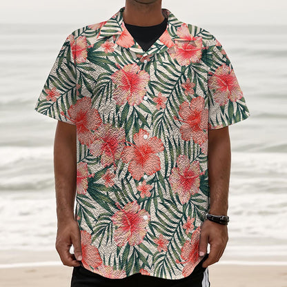 Exotic Tropical Hibiscus Pattern Print Textured Short Sleeve Shirt