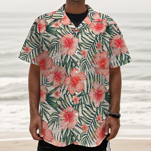 Exotic Tropical Hibiscus Pattern Print Textured Short Sleeve Shirt