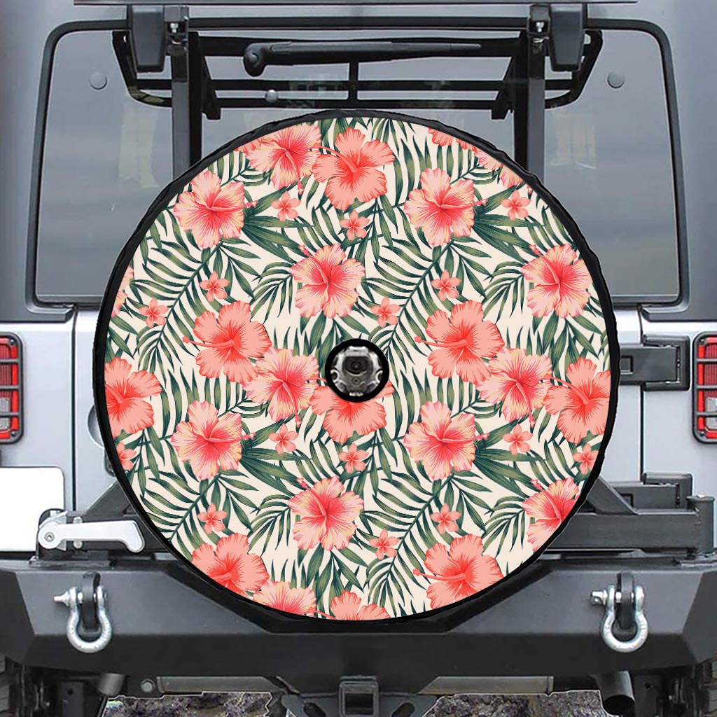 Exotic Tropical Hibiscus Pattern Print Tire Cover With Camera Hole