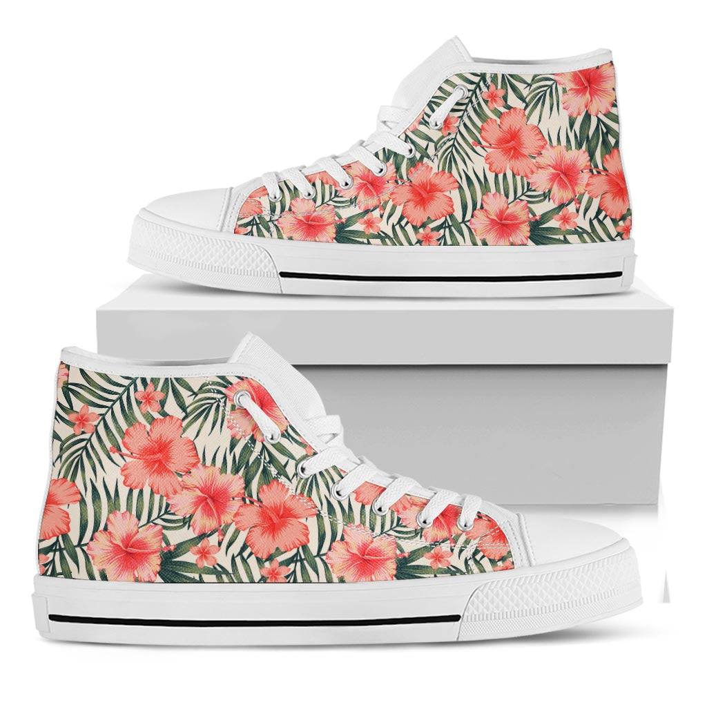 Exotic Tropical Hibiscus Pattern Print White High Top Sneakers