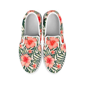 Exotic Tropical Hibiscus Pattern Print White Slip On Sneakers