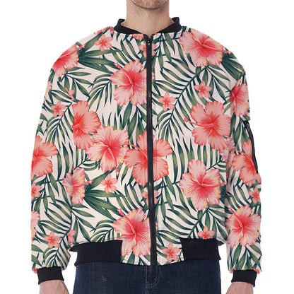 Exotic Tropical Hibiscus Pattern Print Zip Sleeve Bomber Jacket