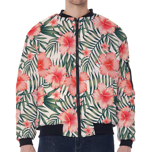 Exotic Tropical Hibiscus Pattern Print Zip Sleeve Bomber Jacket
