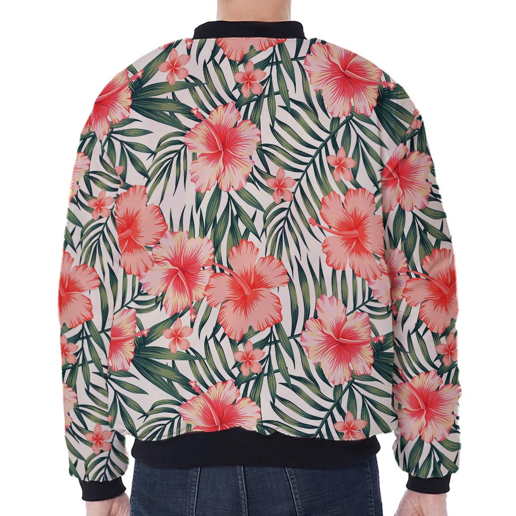 Exotic Tropical Hibiscus Pattern Print Zip Sleeve Bomber Jacket