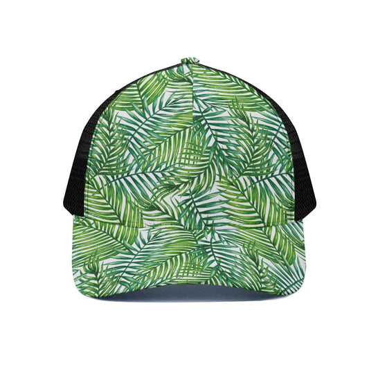 Exotic Tropical Leaf Pattern Print Black Mesh Trucker Cap