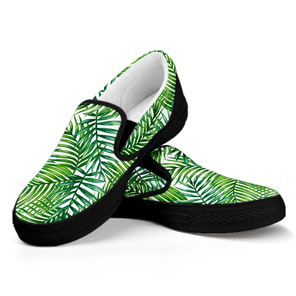 Exotic Tropical Leaf Pattern Print Black Slip On Sneakers