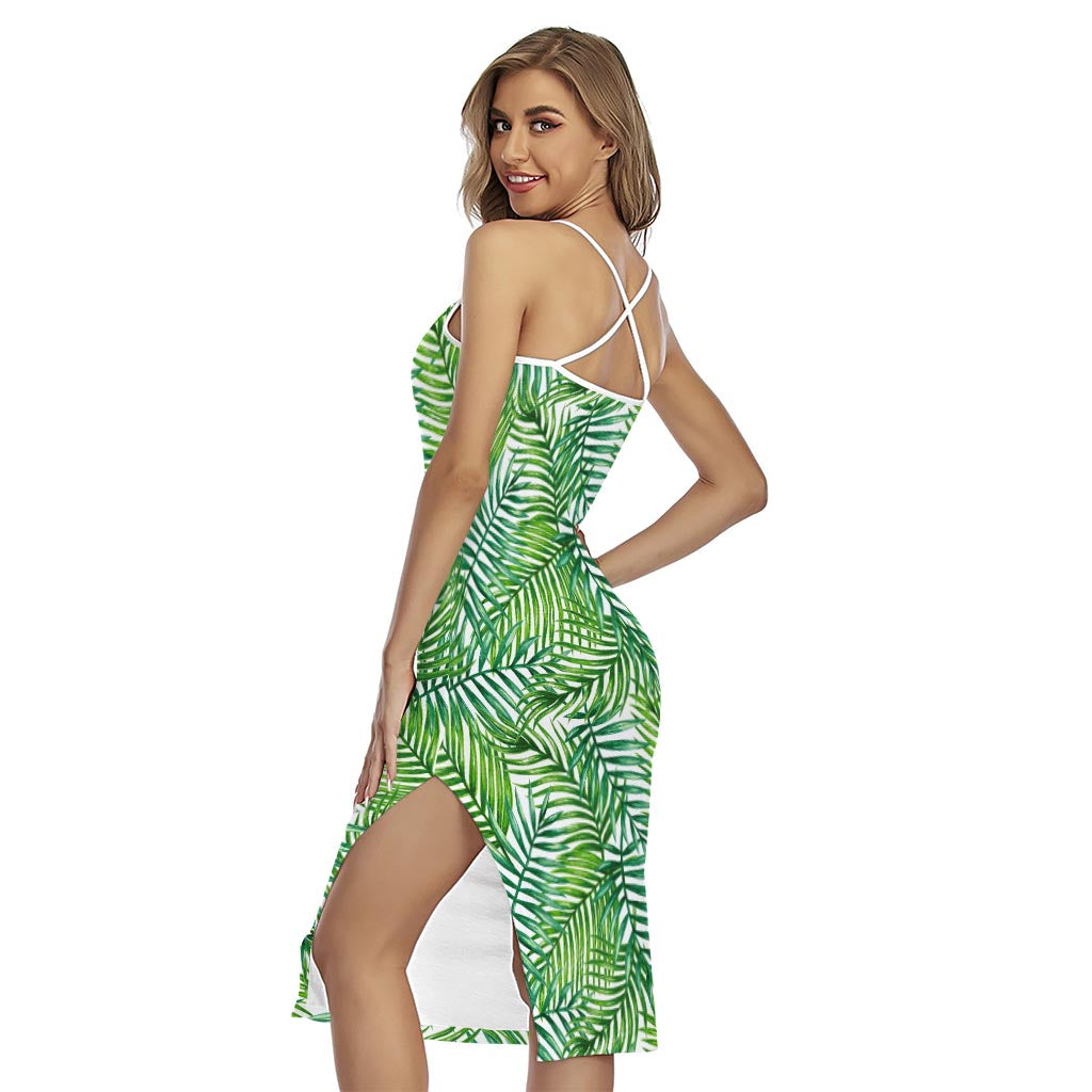 Exotic Tropical Leaf Pattern Print Cross Back Cami Dress