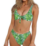 Exotic Tropical Leaf Pattern Print Front Bow Tie Bikini