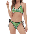 Exotic Tropical Leaf Pattern Print Halter Scoop Tie Side Bikini