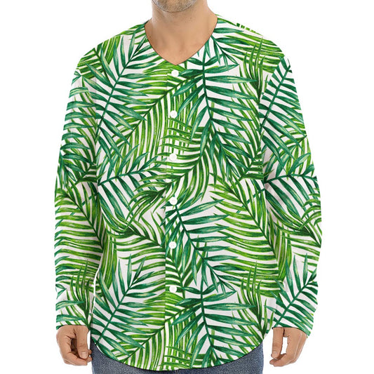 Exotic Tropical Leaf Pattern Print Long Sleeve Baseball Jersey