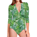 Exotic Tropical Leaf Pattern Print Long Sleeve Swimsuit