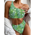 Exotic Tropical Leaf Pattern Print One Shoulder Bikini Set