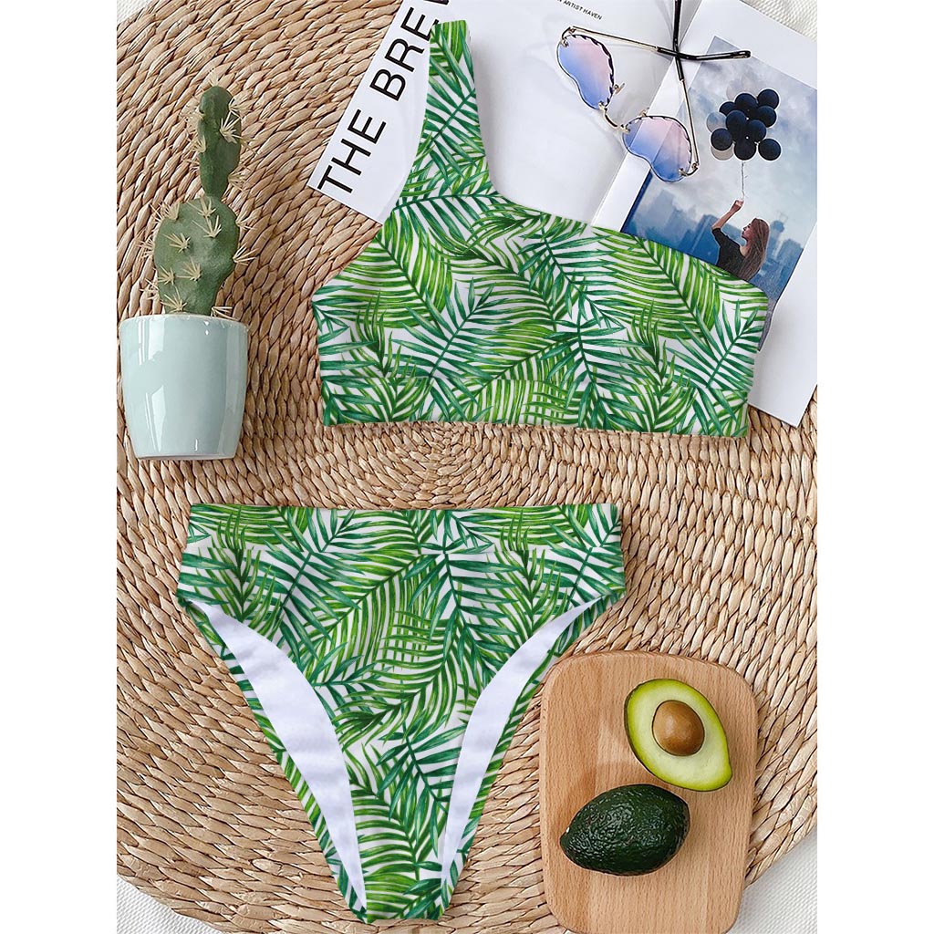 Exotic Tropical Leaf Pattern Print One Shoulder Bikini Top