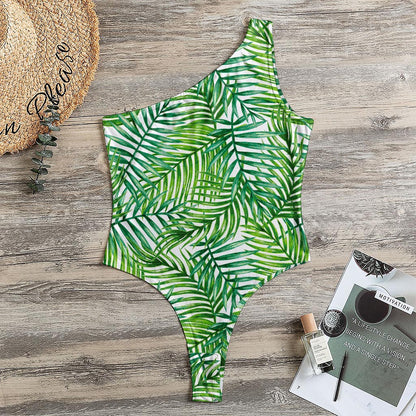 Exotic Tropical Leaf Pattern Print One Shoulder Bodysuit