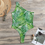 Exotic Tropical Leaf Pattern Print One Shoulder Bodysuit
