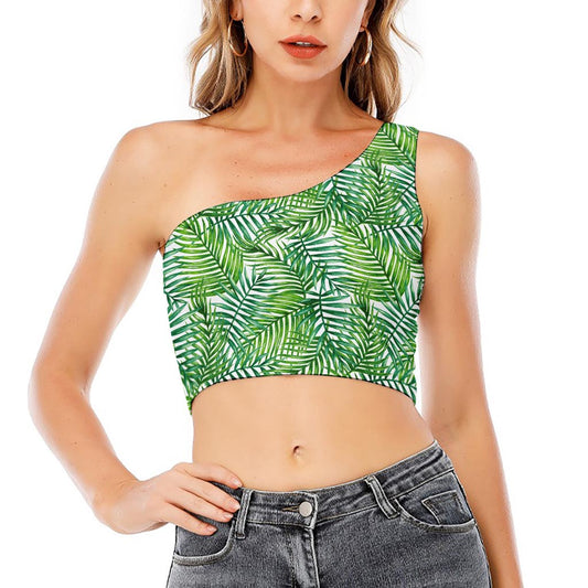 Exotic Tropical Leaf Pattern Print One Shoulder Crop Top