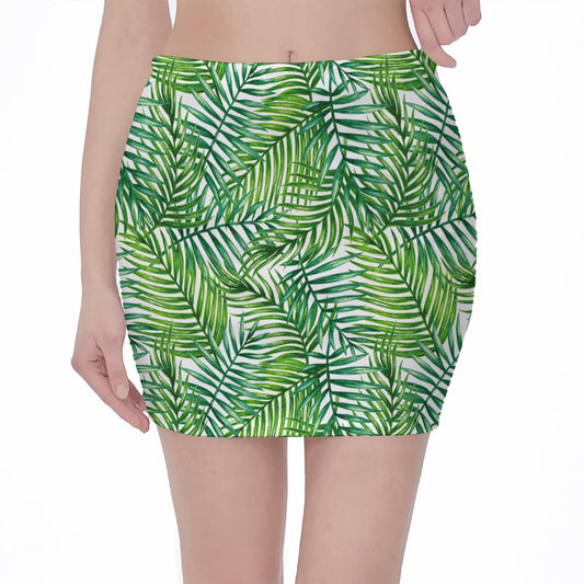 Exotic Tropical Leaf Pattern Print Pencil Mini Skirt