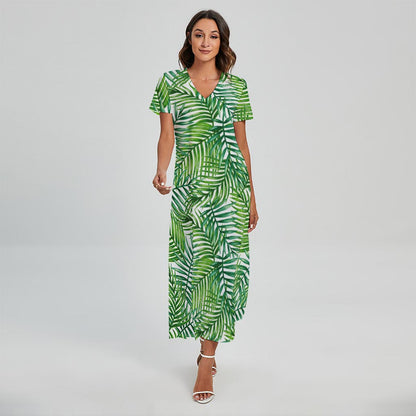 Exotic Tropical Leaf Pattern Print Short Sleeve Maxi Dress