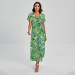 Exotic Tropical Leaf Pattern Print Short Sleeve Maxi Dress