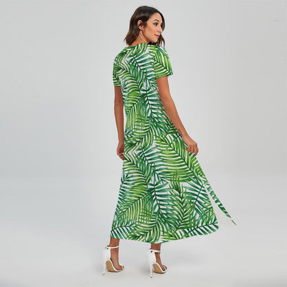 Exotic Tropical Leaf Pattern Print Short Sleeve Maxi Dress