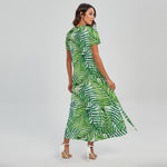 Exotic Tropical Leaf Pattern Print Short Sleeve Maxi Dress