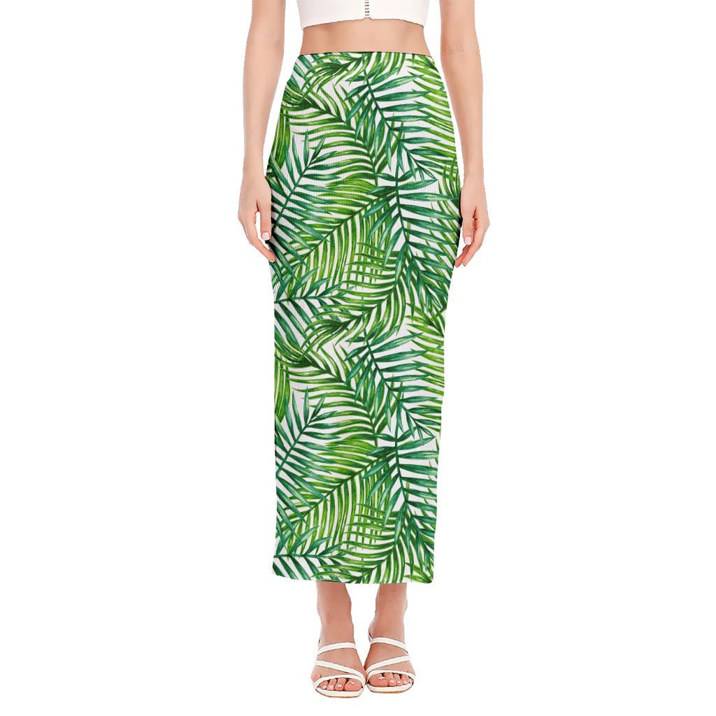 Exotic Tropical Leaf Pattern Print Side Slit Maxi Skirt