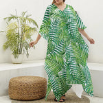 Exotic Tropical Leaf Pattern Print Silk V-Neck Kaftan Dress