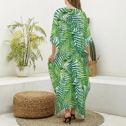 Exotic Tropical Leaf Pattern Print Silk V-Neck Kaftan Dress