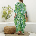 Exotic Tropical Leaf Pattern Print Silk V-Neck Kaftan Dress
