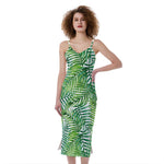 Exotic Tropical Leaf Pattern Print Slim Fit Midi Cami Dress