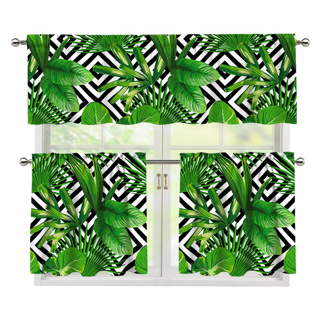 Exotic Tropical Leaves Pattern Print 3 Piece Kitchen Curtains