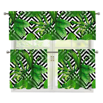 Exotic Tropical Leaves Pattern Print 3 Piece Kitchen Curtains