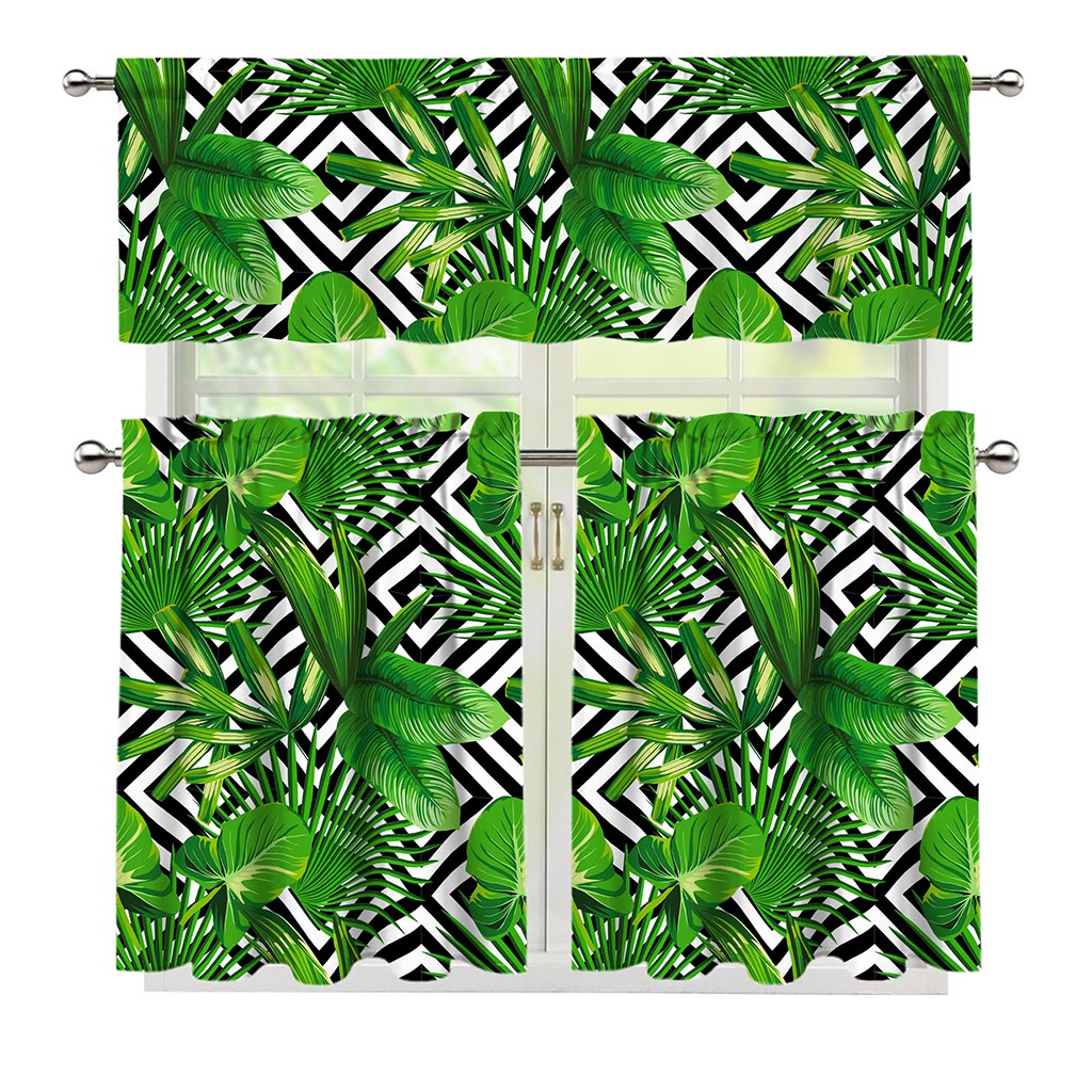 Exotic Tropical Leaves Pattern Print 3 Piece Kitchen Curtains