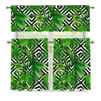 Exotic Tropical Leaves Pattern Print 3 Piece Kitchen Curtains