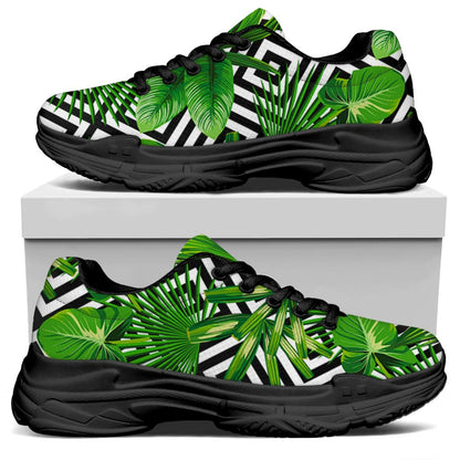 Exotic Tropical Leaves Pattern Print Black Chunky Shoes