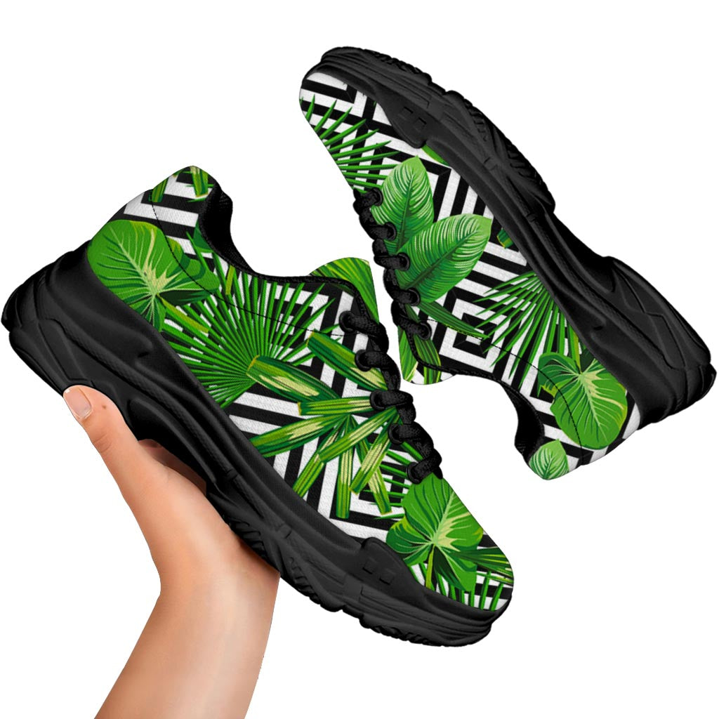 Exotic Tropical Leaves Pattern Print Black Chunky Shoes