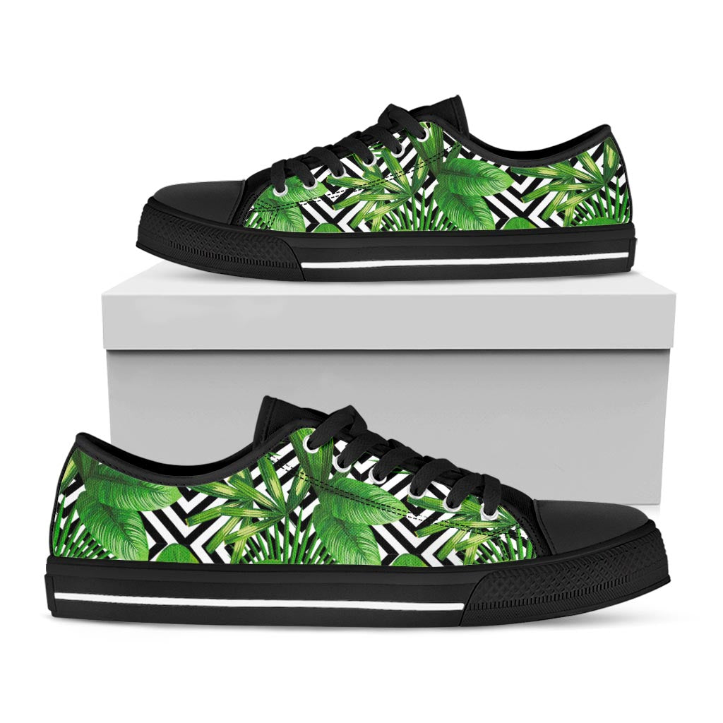 Exotic Tropical Leaves Pattern Print Black Low Top Sneakers