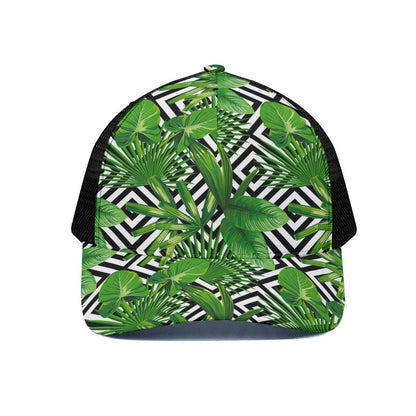 Exotic Tropical Leaves Pattern Print Black Mesh Trucker Cap