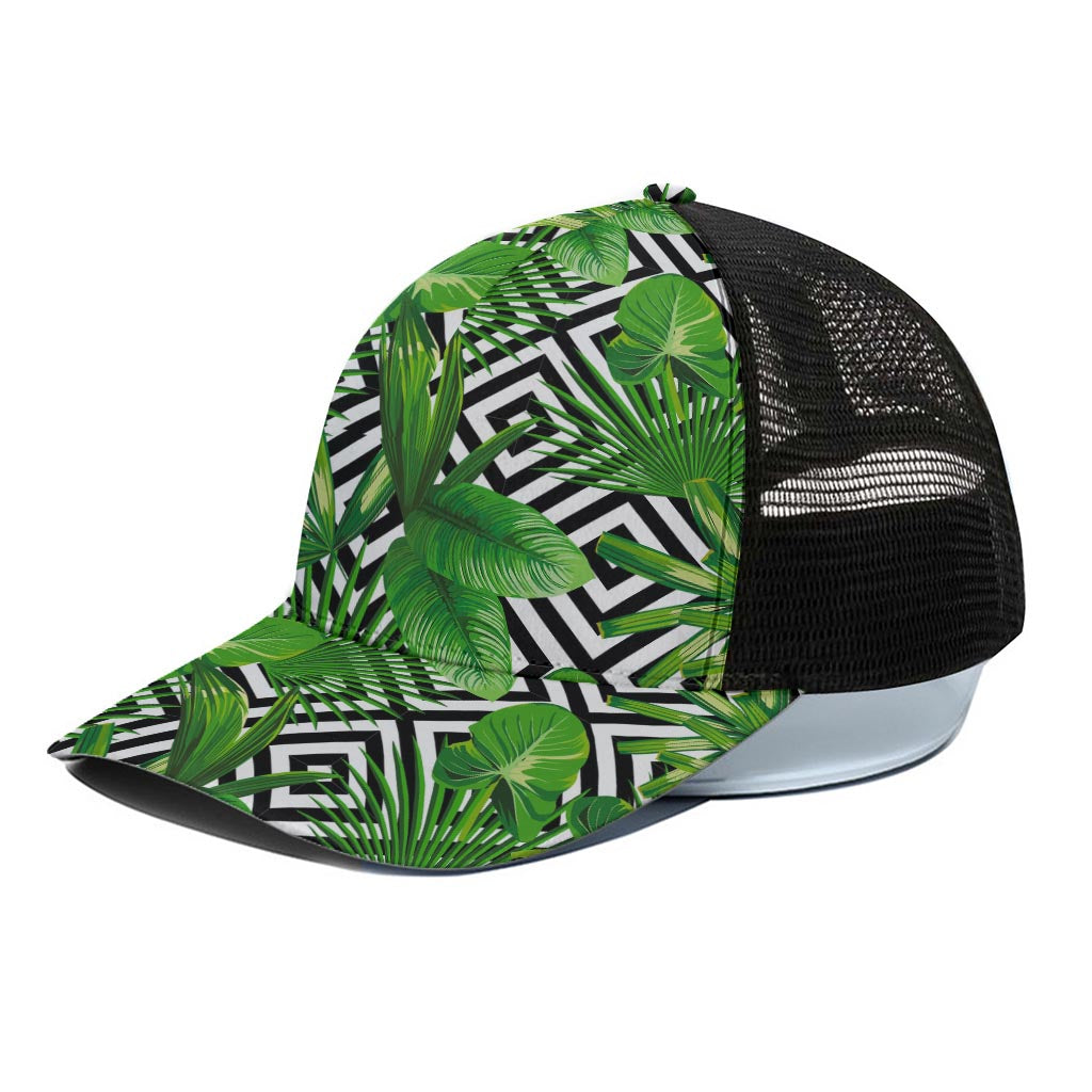 Exotic Tropical Leaves Pattern Print Black Mesh Trucker Cap