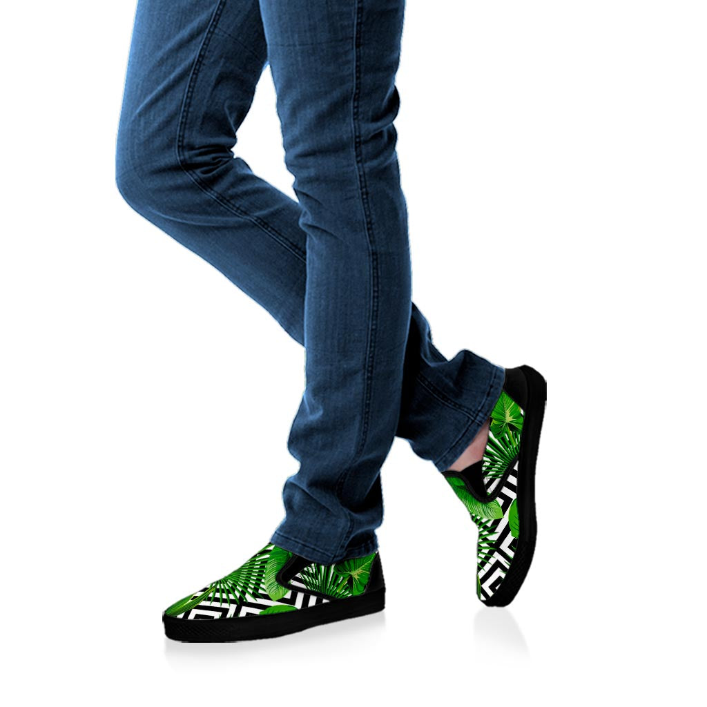 Exotic Tropical Leaves Pattern Print Black Slip On Sneakers