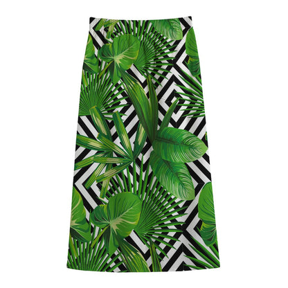 Exotic Tropical Leaves Pattern Print Cotton Front Slit Maxi Skirt